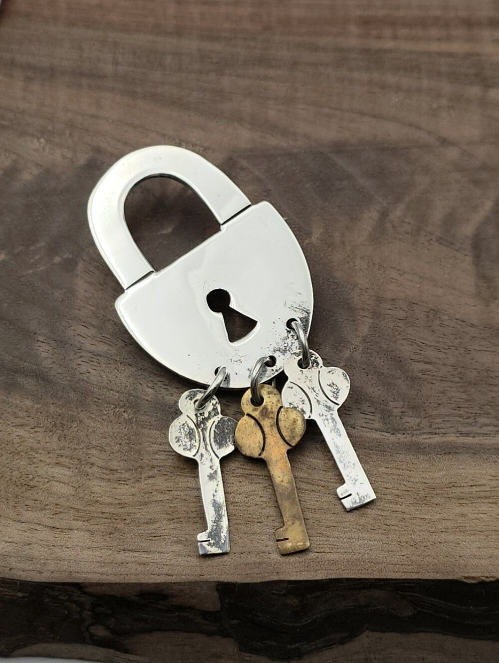 Vintage Taxco 925 Sterling Silver Padlock Brooch w Keys Laton Unique Pendant Pin